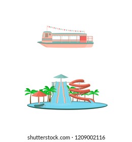 Cartoon Amusement Park Rides Icon Set. Riverboat, Aquapark. Isolated Vector Illustration.