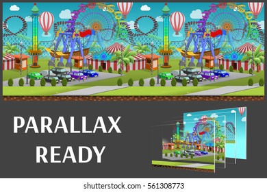 Cartoon amusement park, summer landscape, vector unending background with separated layers for game.