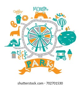 Cartoon Amusement Park for the whole family, walking paths, carousels, pond and ice cream, coffee and circus, Ferris wheel, lake, balloon, dino ans monster attractions. Vector illustration