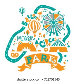 Cartoon Amusement Park for the whole family, walking paths, carousels, pond and ice cream, coffee and circus, Ferris wheel, lake, balloon, dino ans monster attractions. Vector illustration