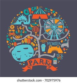 Cartoon Amusement Park for the whole family, walking paths, carousels, pond and ice cream, coffee and circus, Ferris wheel, lake, balloon, dino ans monster attractions. Vector illustration