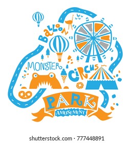 Cartoon Amusement Park for the whole family, walking paths, carousels, pond and ice cream, coffee and circus, Ferris wheel, lake, balloon, dino ans monster attractions. Vector illustration