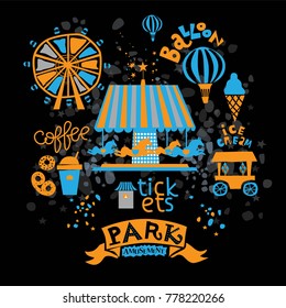 Cartoon Amusement Park for the whole family, walking paths, carousels, pond and ice cream, coffee and circus, Ferris wheel, lake, balloon, dino ans monster attractions. Vector illustration