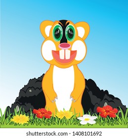 Cartoon amusing animal gopher peering out burrow