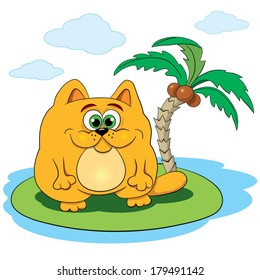 Cartoon amusing little cat on island with tropical coconut palm.