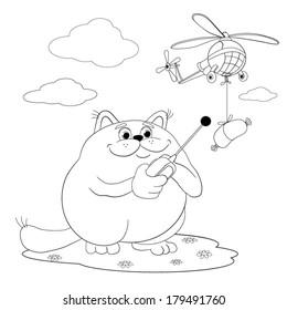 Cartoon amusing little cat plays with a toy helicopter. To the helicopter small sausage is tied. Coloring book.