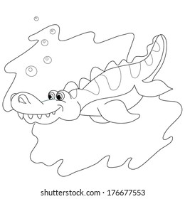 Cartoon amusing little dinosaur on white background. Coloring book.