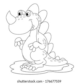 Cartoon amusing little dinosaur on white background. Coloring book.