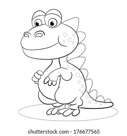 Cartoon amusing little dinosaur on white background. Coloring book.