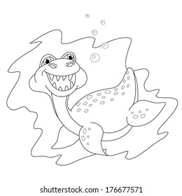 Cartoon amusing little dinosaur on white background. Coloring book.