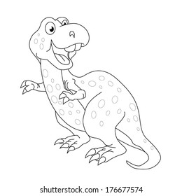 Cartoon amusing little dinosaur on white background. Coloring book.