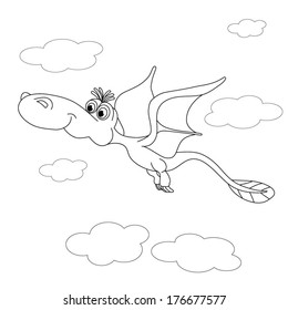 Cartoon amusing little dinosaur on white background. Coloring book.