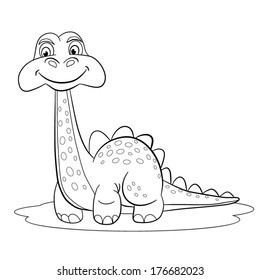 Cartoon amusing little dinosaur on white background. Coloring book.