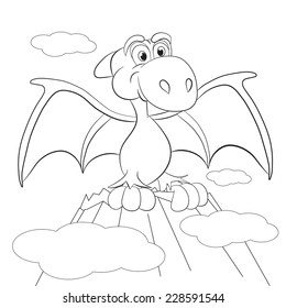 Cartoon amusing little dinosaur sitting on the Mount. Coloring book.