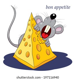 Cartoon amusing little mouse biting a piece of cheese on white background. 