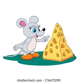 Cartoon amusing little mouse indicative on the piece of cheese on white background.