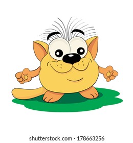 Cartoon amusing little smiling red striped cat on white background.