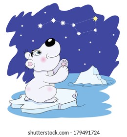 Cartoon amusing little white bear looks at constellation the "Big dipper".
