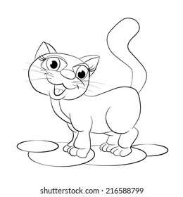 Cartoon amusing smiling striped cat. Coloring book.