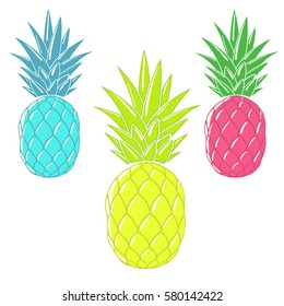 Cartoon ananas.Colorful pineapples isolated on white background.Vector illustration