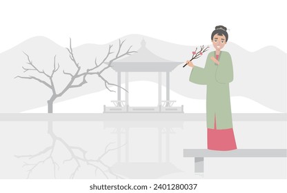 Cartoon ancient beautiful woman wearing traditional Chinese clothing standing in front of Chinese-style building