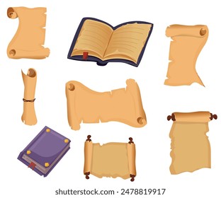 Cartoon ancient books and parchment scrolls, old papyrus rolls. Medieval manuscripts, blank paper scroll, magic wizard open book vector set. Illustration of antique old parchment.