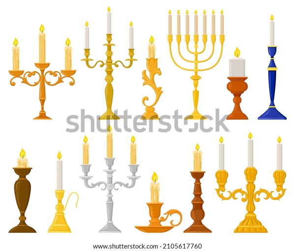 Cartoon ancient candlesticks, wax candle\
vintage holders. Medieval candelabra and retro candlestick vector\
illustration set. Candle holders interior decorations. Candlestick\
and candlelight