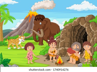 Cartoon ancient cavemen in stone age with mammoth and sabertooth
