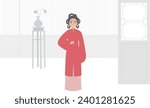 Cartoon ancient Chinese beauty wearing red classical dress standing in a Chinese-style building home