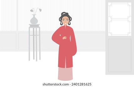 Cartoon ancient Chinese beauty wearing red classical dress standing in a Chinese-style building home