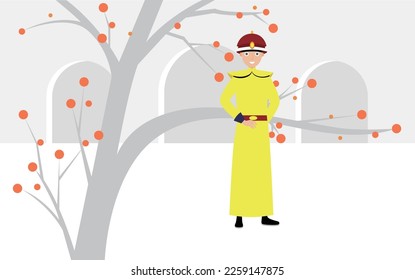 Cartoon ancient Chinese emperor standing in the palace and admiring flowers blooming