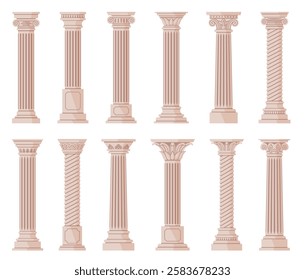 Cartoon ancient columns. Different orders pillars, antique classic supports for buildings, marble architectural elements, Greek order decorative palace nowaday vector set