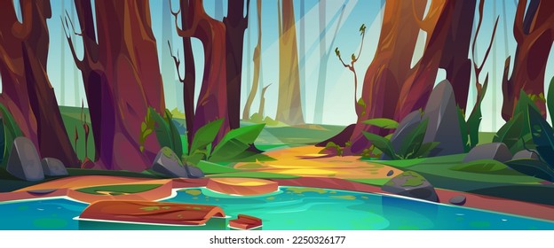 Cartoon ancient forest landscape with old tall trees, green grass and river. Vector illustration of sun rays penetrating wood thickets, clear blue water in lake. Natural background for game design