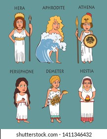 cartoon ancient Greek female deities set, six funny characters goddesses including Hera, Aphrodite, Athena, Persephone, Demeter, Hestia