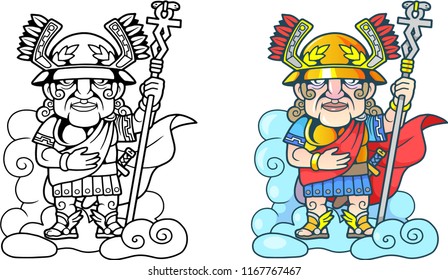 Cartoon Ancient Greek God Hermes on the Cloud, funny illustration coloring book