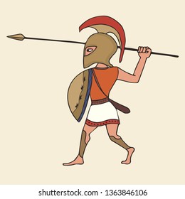 cartoon ancient greek warrior with spear, vector illustration of hoplite armed with spear and shield