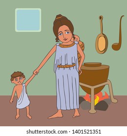 cartoon ancient Greek woman with kids at the kitchen, funny vector historical illustration of female roles