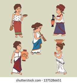 cartoon ancient greek women set, five female characters in  traditional clothing