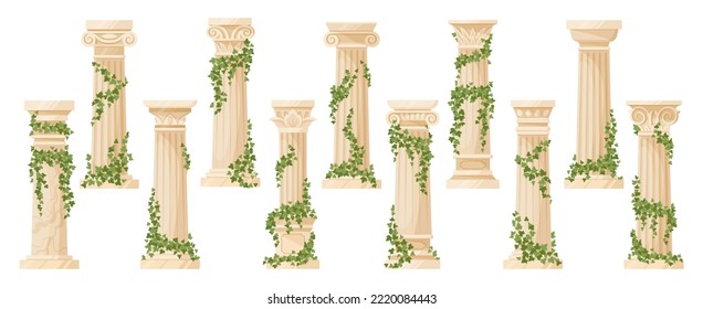 Cartoon ancient ivy-covered greek column. Ancient roman pillars with climbing ivy branches flat vector illustration set. Antique foliage decorated columns collection