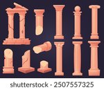 Cartoon ancient ruins. Old columns, pillars and colonnade elements. Greek or roman style column. Temple exterior architecture nowaday vector objects