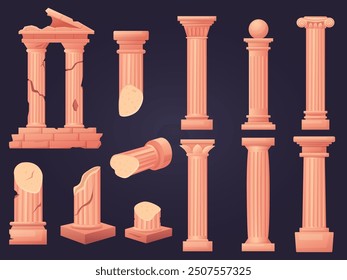 Cartoon ancient ruins. Old columns, pillars and colonnade elements. Greek or roman style column. Temple exterior architecture nowaday vector objects