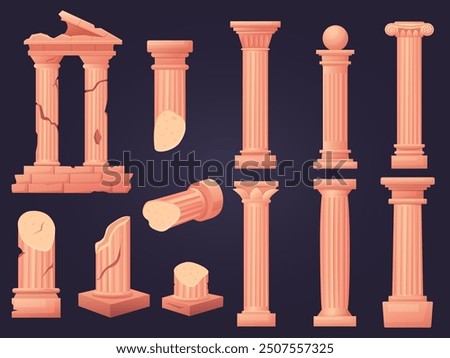 Cartoon ancient ruins. Old columns, pillars and colonnade elements. Greek or roman style column. Temple exterior architecture nowaday vector objects