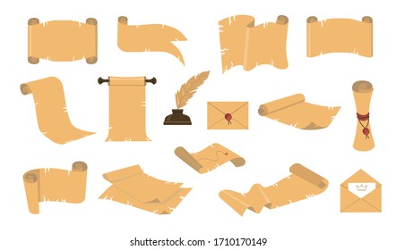Cartoon ancient scrolls flat icon kit. Rolled papyrus manuscripts and parchment vintage vector illustration collection. Old paper documents, envelopes and feather for mobile and computer game