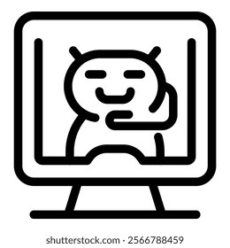 Cartoon android mascot waving from a computer screen, expressing happiness and positivity