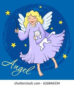 Cartoon angel and cat. Hand drawn vector illustration. An angel flying in the sky with a star.