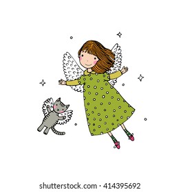 Cartoon angel and cat on the white background.