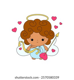 Cartoon angel child with wings and nimbus. Cherub or Cupid Vector illustration. Valentines day angels with hearts