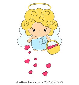 Cartoon angel child with wings and nimbus. Cherub or Cupid Vector illustration. Valentines day angels with hearts