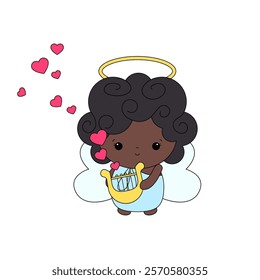 Cartoon angel child with wings and nimbus. Cherub or Cupid Vector illustration. Valentines day angels with hearts