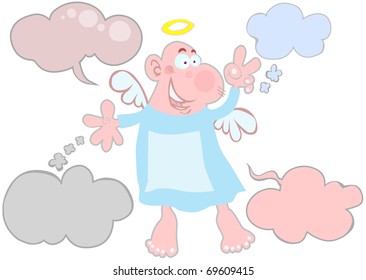 Cartoon angel with clouds-bubbles.